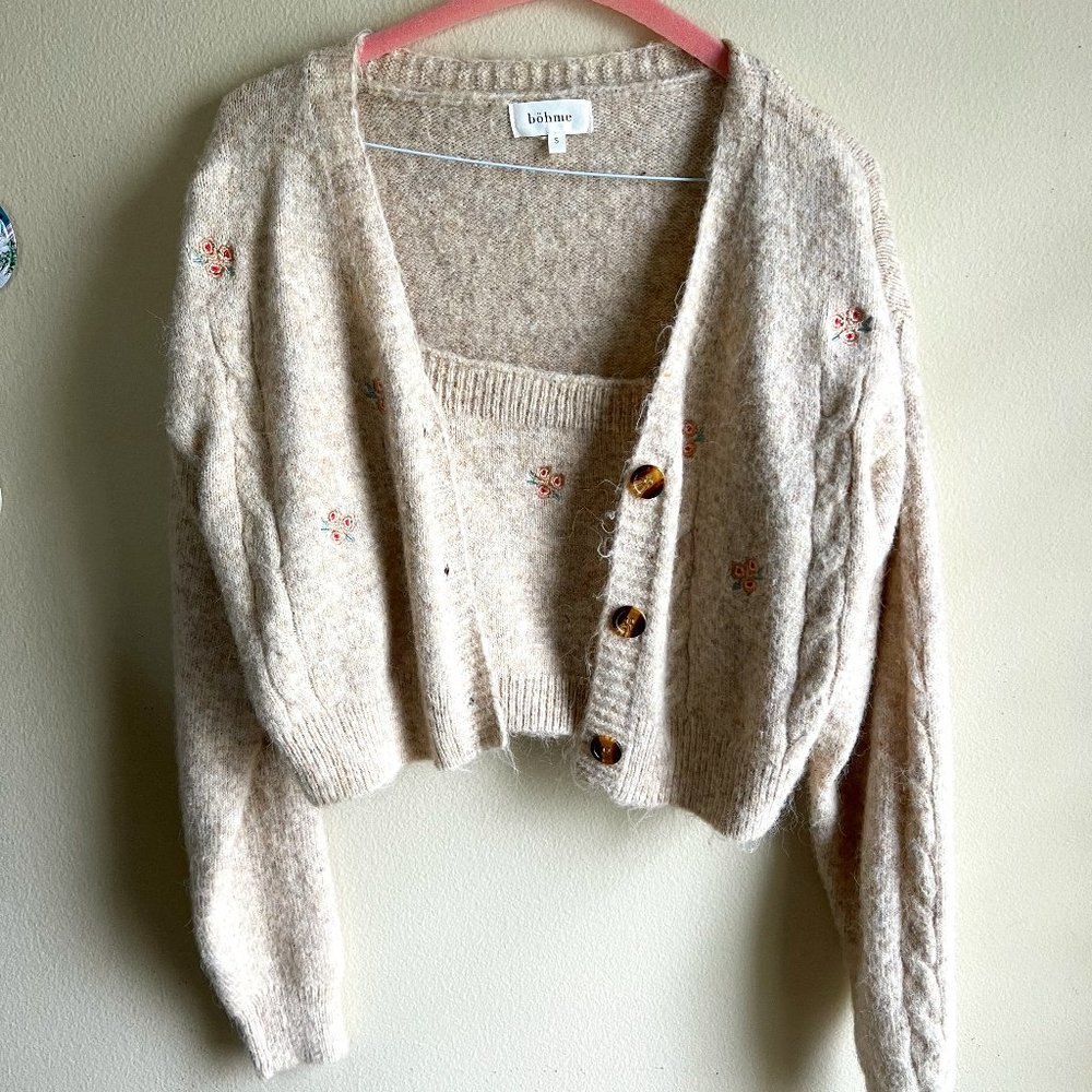Bohme Flower Embroidered Sweater Tan Tank Top & Cardigan
